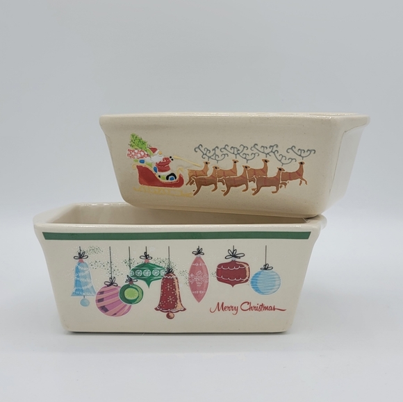 Nantucket Other - Nantucket Christmas Ceramic Mini Loaf Pans Vintage Ornaments & Santa Set of 2